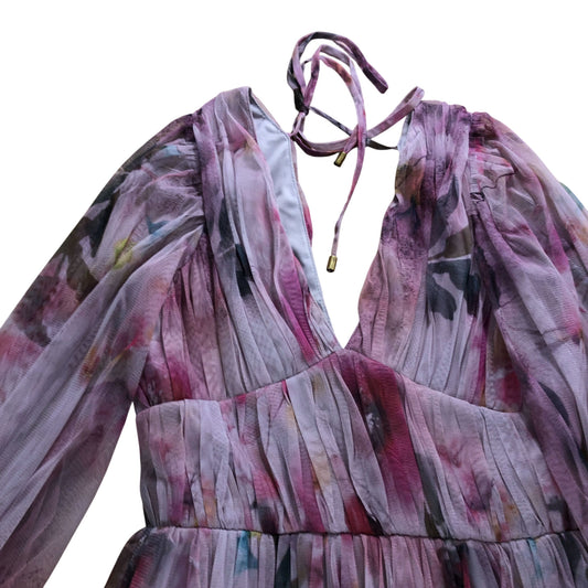 UK8 Women's Floral Pleated Maxi Dress Pink Long Sleeve