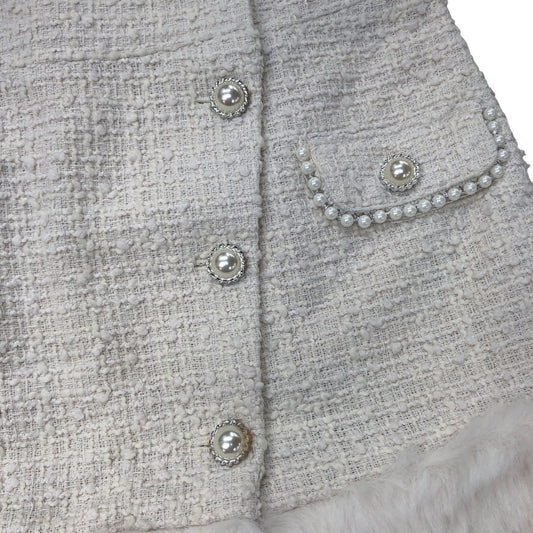 River Island White Faux Fur Trim Skirt Size 12 Women Elegant Tweed Style