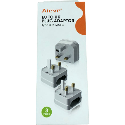 Aieve EU To UK Plug Adaptor Type C To Type G Travel Adapter 3 Pack White
