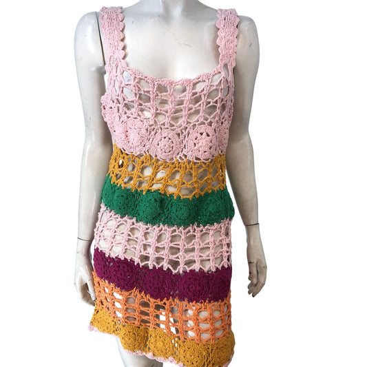 River Island Poolside Pink Dress UK8 Crocheted Multi Colour Swimwear Resort
