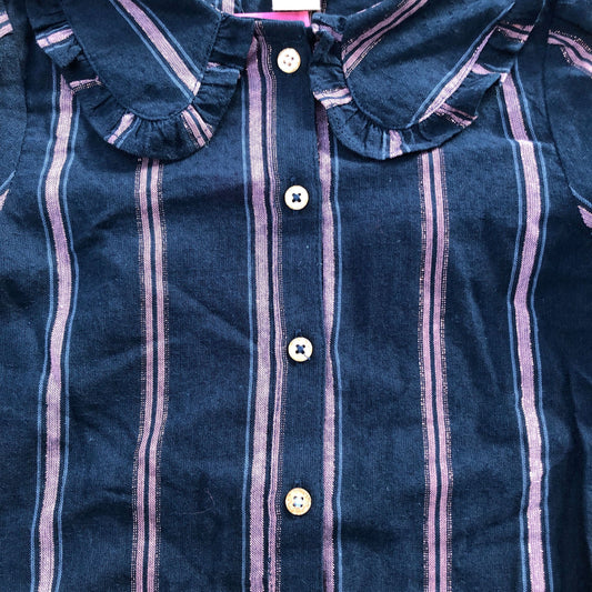 Girls' Blouse Striped Navy Cotton Top With Ruffle Collar 5-6 Years