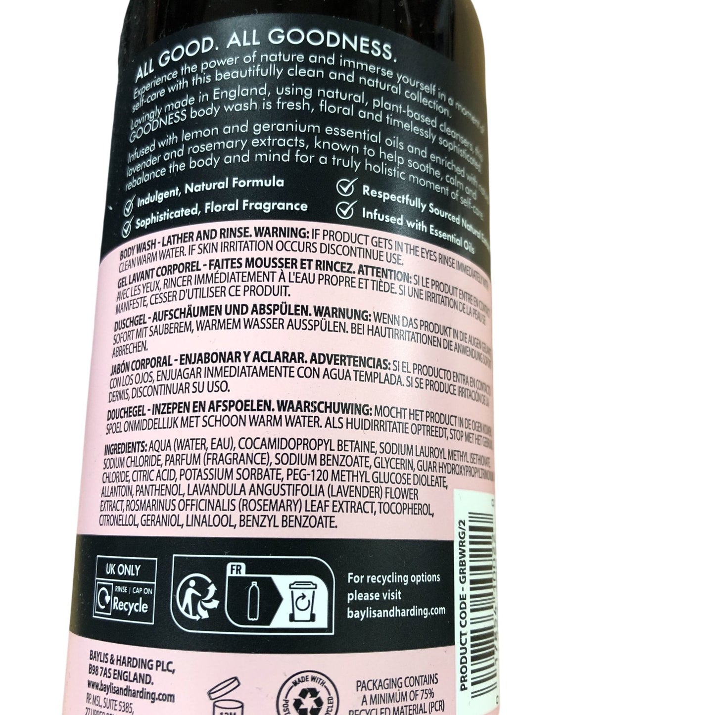 Baylis & Harding Goodness Natural Body Wash Rose & Geranium 500ml Vegan