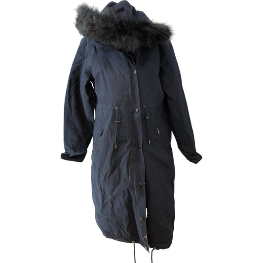 Seraphine Maternity Parka Coat Size 8 Navy Blue Faux Fur Lining Hood Midi