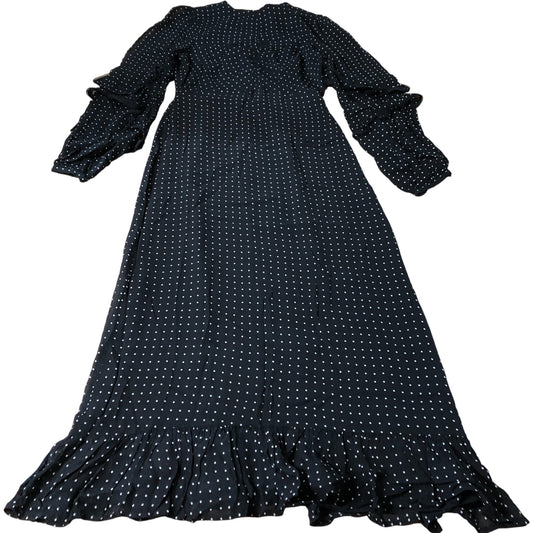 Branded Black Polka Dot Long Sleeve Dress Women's Ruffle Hem Midi Casual UK10