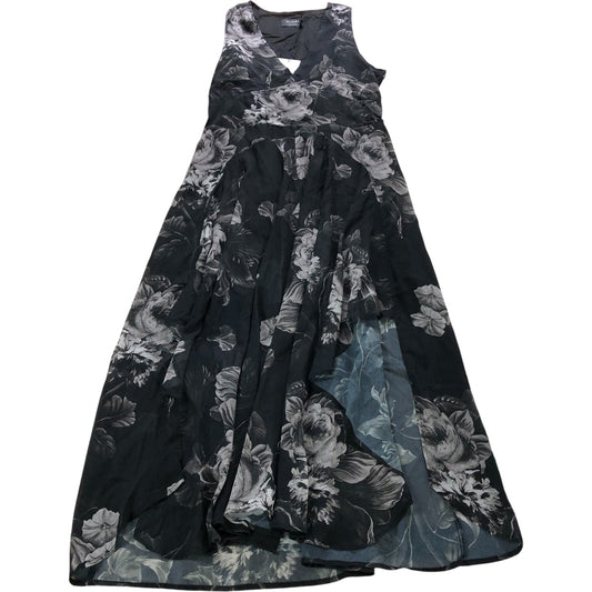Branded Black Floral Handkerchief Hem Midi Dress - Size 14
