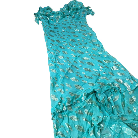 Dress Women's Ruffled V Neck Teal With Gold Foil Detailing UK14