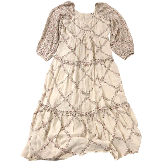 Floral Print Maxi Dress Size 16 Women's Long Sleeve Tiered Cream Cotton