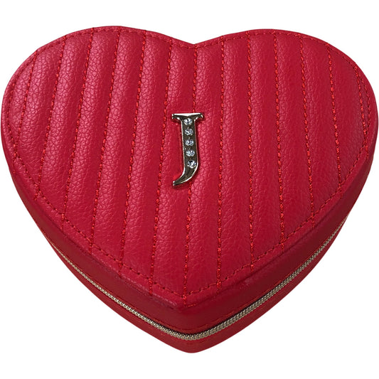 Heart Shaped Red Travel Jewellery Box With Letter J Design Velvet Lined