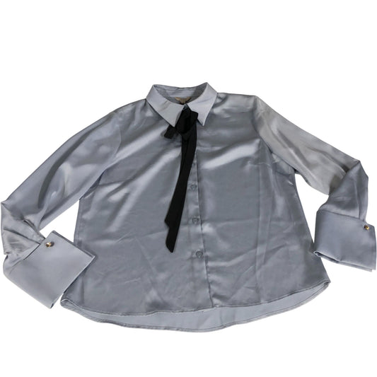 River Island UK12 Women's Blouse Slate Blue Satin Button Up Shirt with Tie