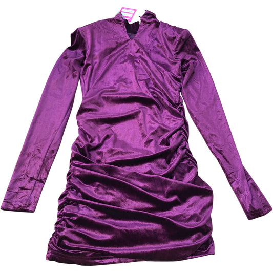 Long Sleeve Ruched Mini Dress UK 12 Women's Velvet Purple Party Wear