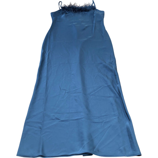River Island Long Satin Dress Women's Blue with Feather Trim Spaghetti Str