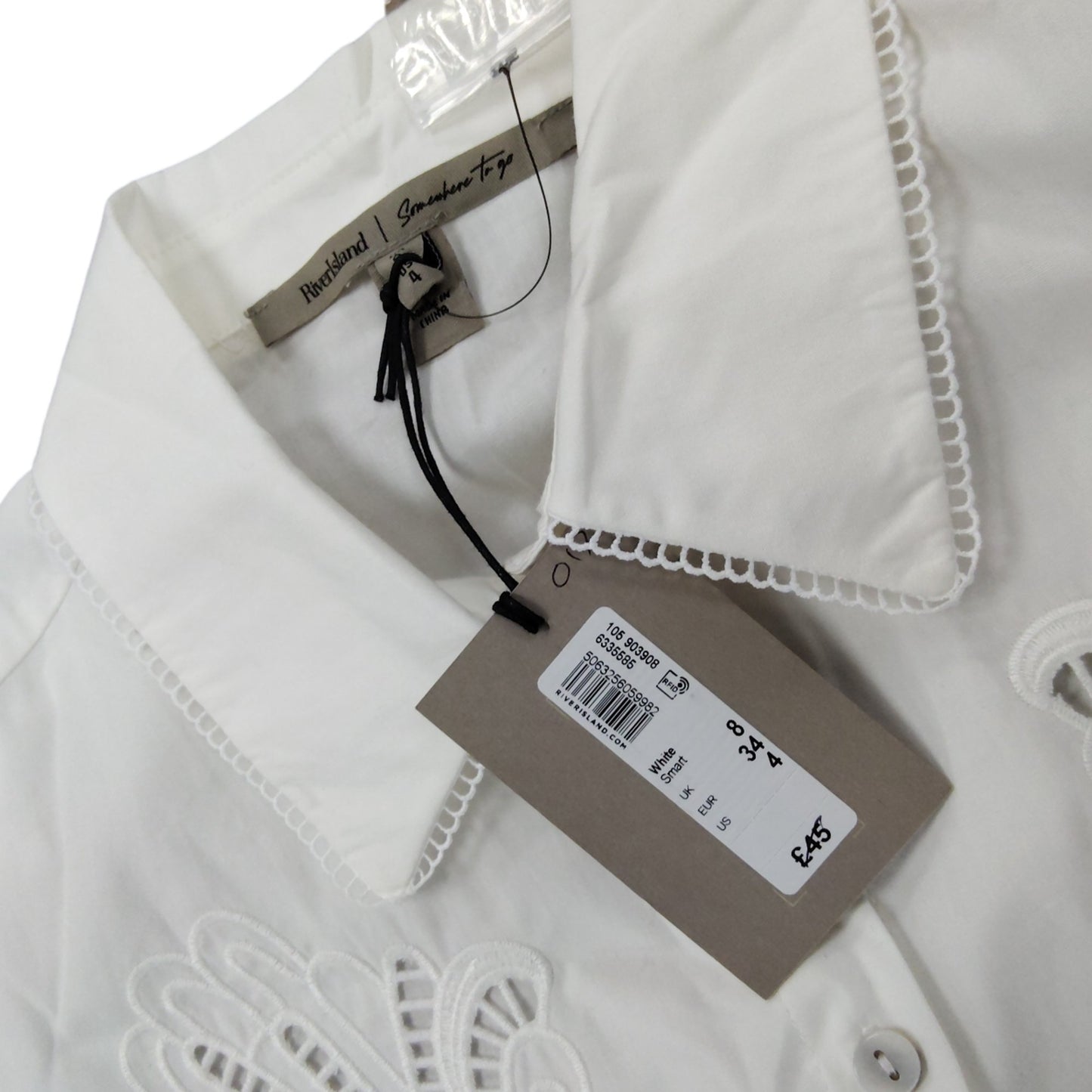 River Island White Smart Shirt UK8 Women's Embroidered Button Up Top