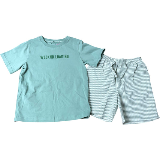 Kids Pyjama Set Size 7-8 Years 'WEEKND LOADING' Green Top Striped Shorts