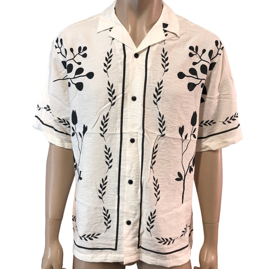 RIVER ISLAND Floral Print Casual Shirt Medium Men's Short Sleeve White