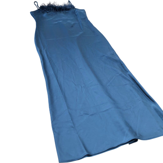 River Island Long Satin Dress Women's Blue with Feather Trim Spaghetti Str