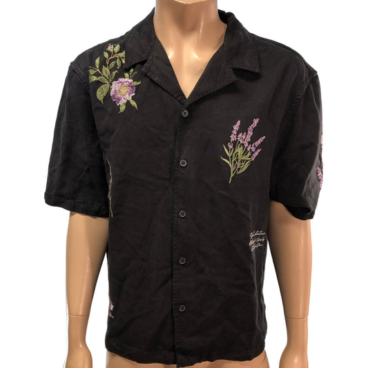 River Island Floral Embroidered Casual Shirt Black Short Sleeve Size Large