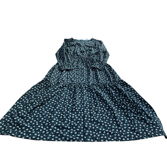 Long Sleeve Floral Print Dress Size 8 Women's Cotton Blue Green