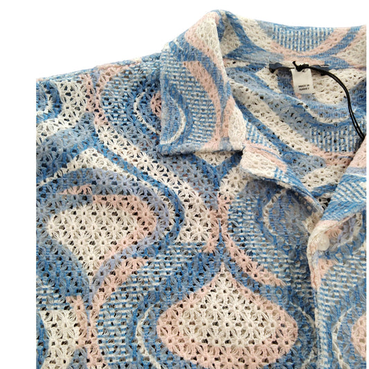 River Island Short Sleeve Shirt M Men's Crochet Zigzag Pattern Blue Pink
