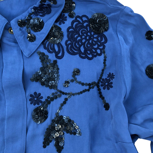 Women's Blue Blouse Cotton Floral Embroidery Long Sleeve