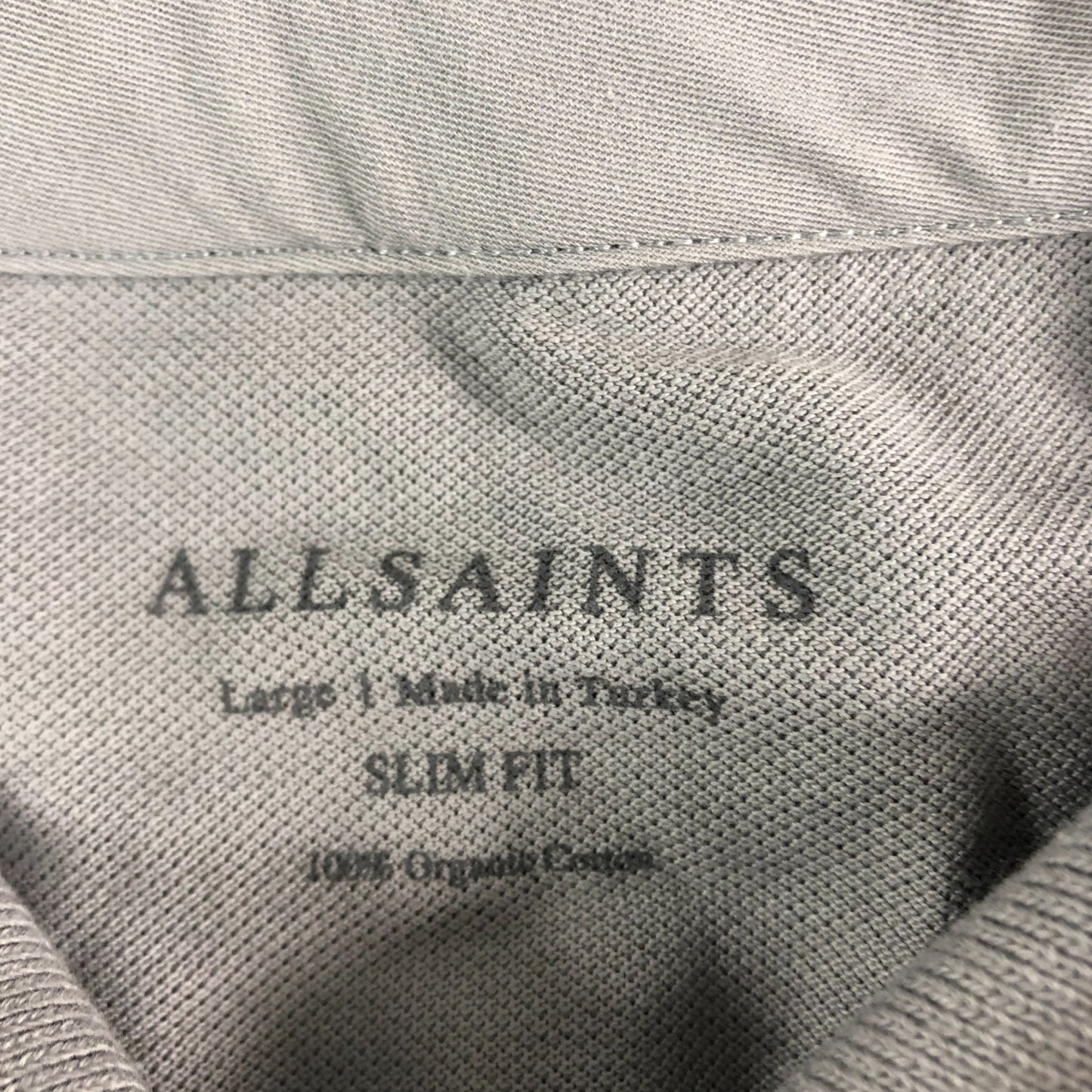 AllSaints Slim Fit Polo Shirt Large Men's Grey Short Sleeve Cotton