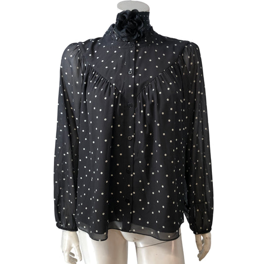 Polka Dot Blouse UK12 Women's Sheer Long Sleeve Black Top with Scarf