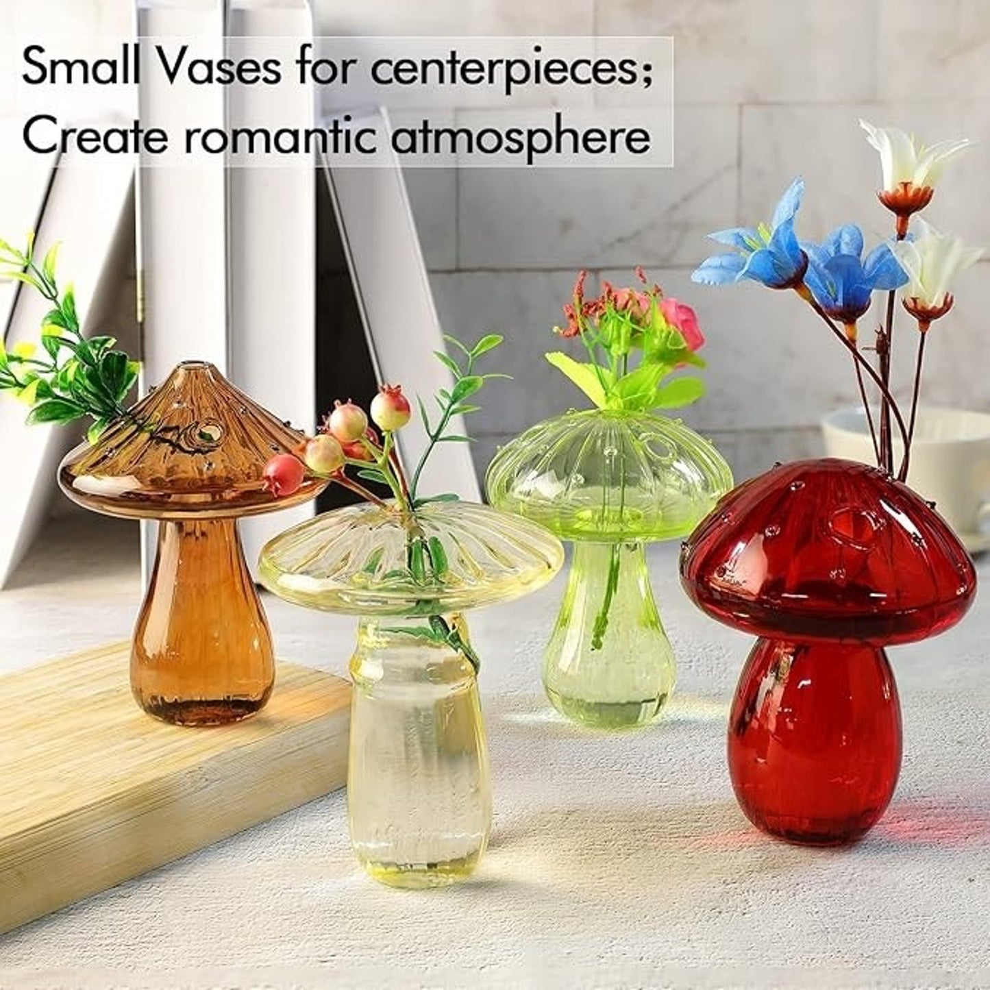 Mushroom Shaped Glass Bud Décor Vase Clear Flower Pot Modern Home 4 Pieces