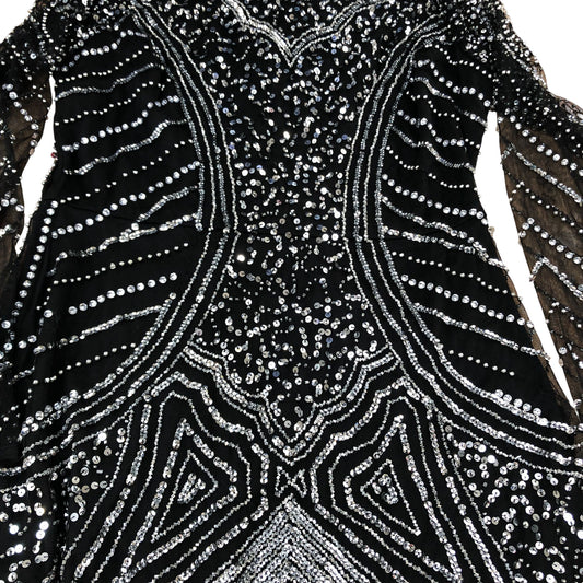 Beaded Maxi Dress UK Size 14 Evening Wear Long Sleeve Black Sparkly