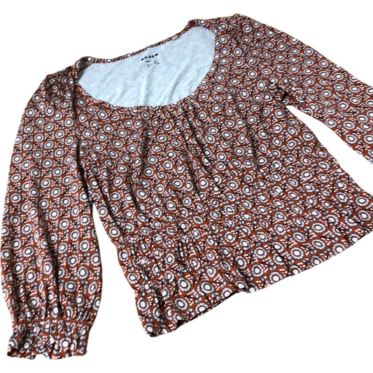 Floral Print Top Women's Long Sleeve Smock Viscose Brown White UK8