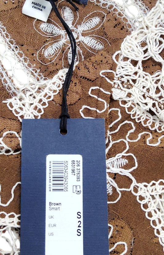 River Island Studios Brown Short Sleeve Shirt S Men's Lace Design Casual Top