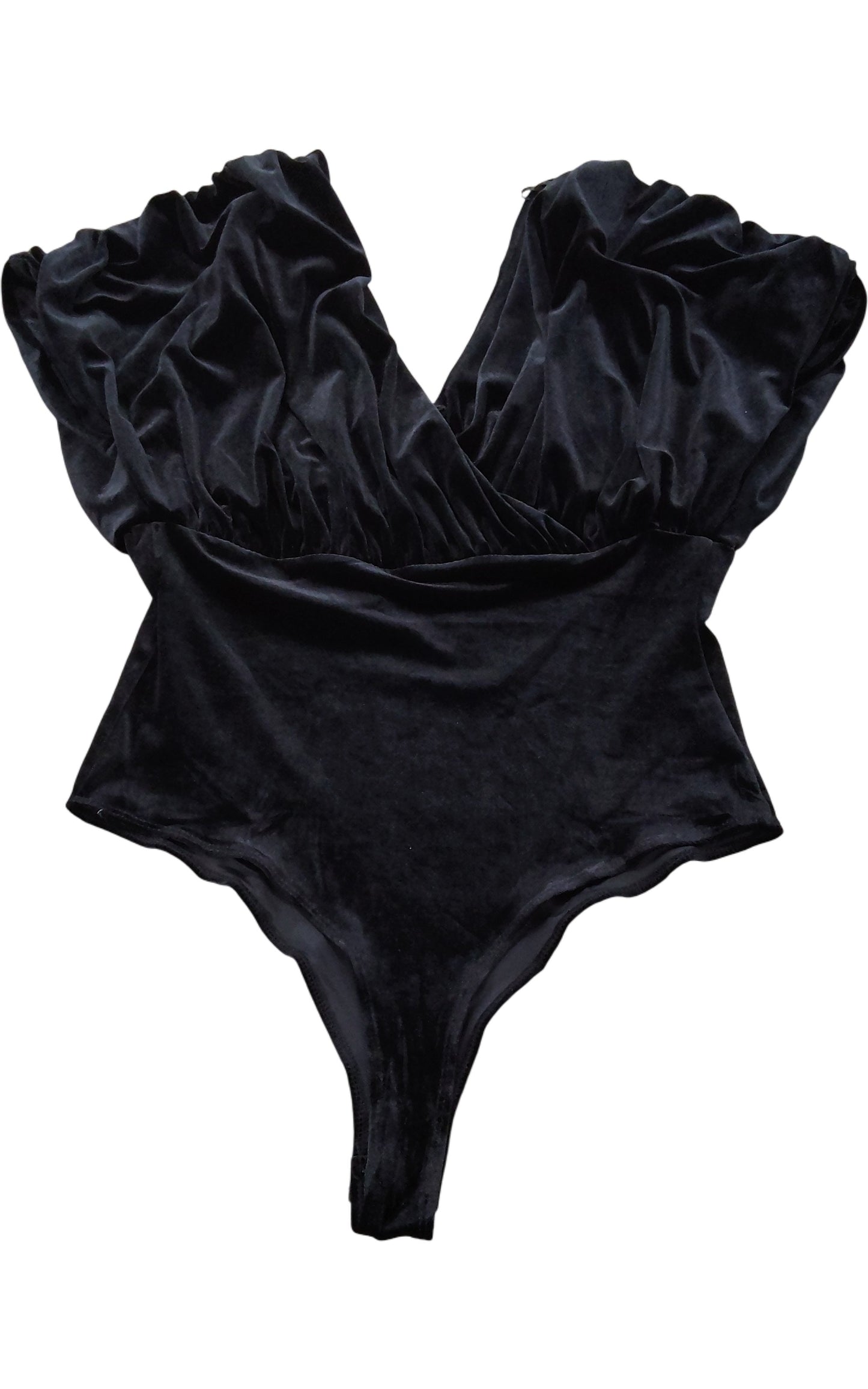 River Island Black Velvet Bodysuit UK12 Women's Puff Sleeve Sexy Top