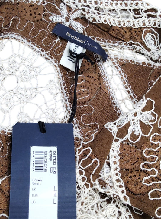 River Island Studios Brown Embroidered Shirt UK L Men's Short Sleeve Top