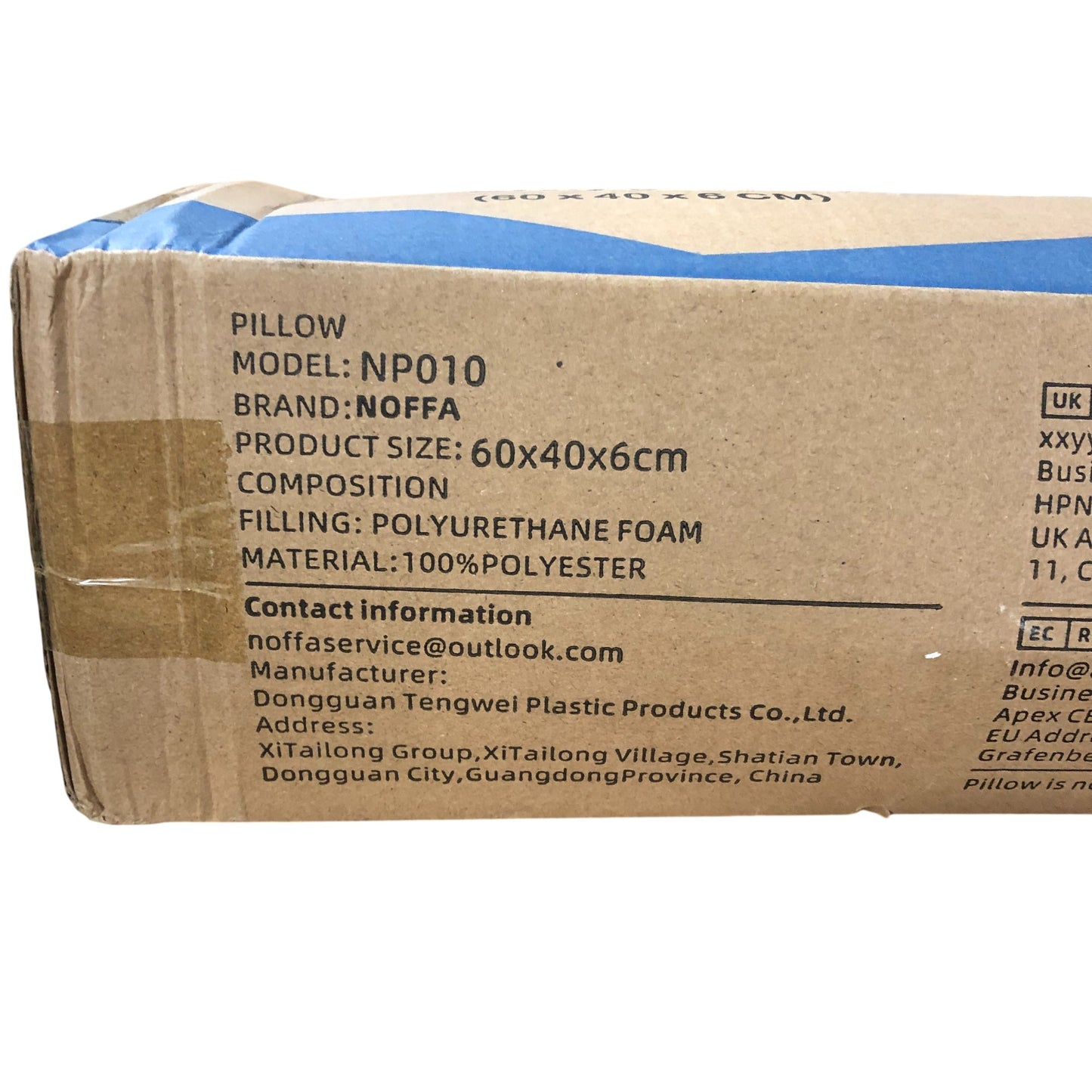 Noffa Pillow NP010 60x40x6cm Polyurethane Foam with Polyester Cover New