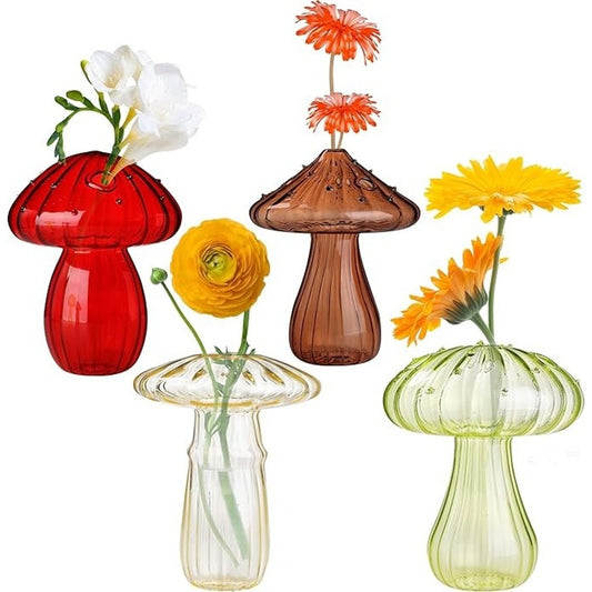 Mushroom Shaped Glass Bud Décor Vase Clear Flower Pot Modern Home 4 Pieces