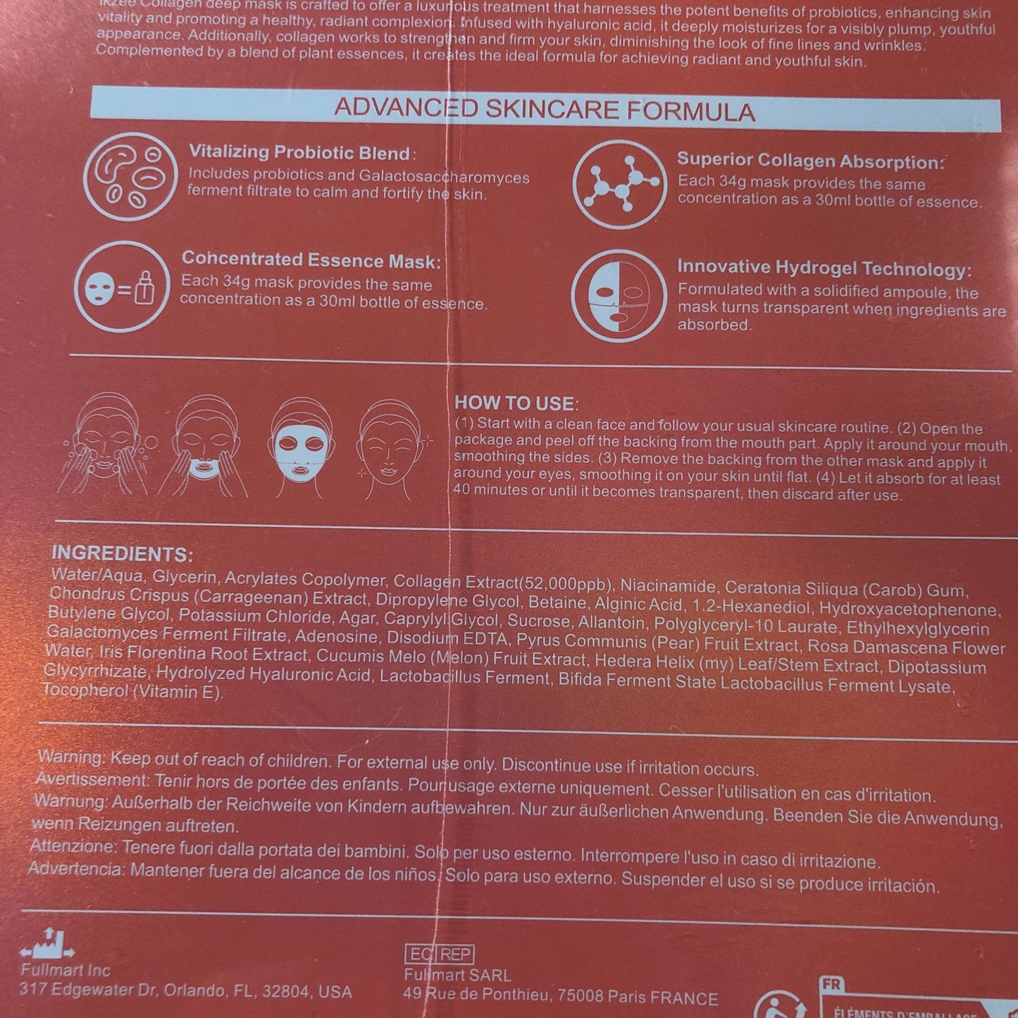 Collagen Deep Hydration Mask 34g Pack of 4 Hydrating Anti Ageing Facial Masks