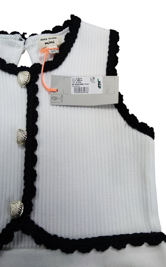 River Island Mini Girls Dress UK2-3 Years White Black Trim Ribbed Design