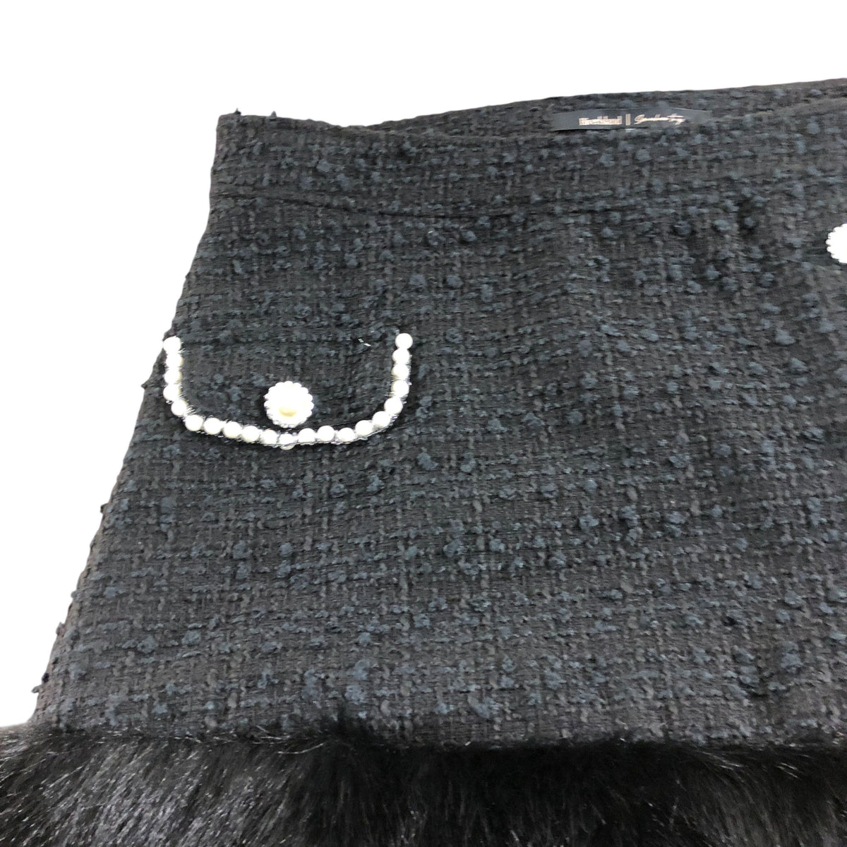 River Island Women's Black Tweed Skirt UK12 Faux Fur Detail Button Front
