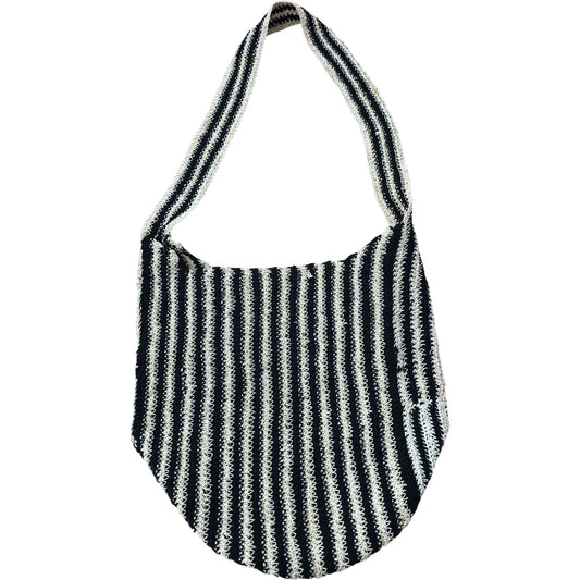 Macrame Sling Striped Shoulder Bag Women's Casual Tote Bag Black Cream