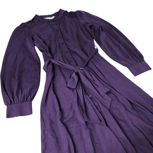 Purple Midi Dress Women's Button Up Tie Waist Long Sleeve UK6