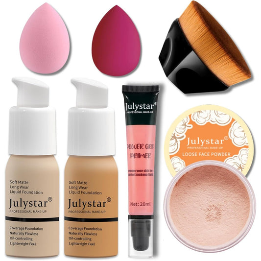 Julystar Make Up Cosmetic Set Loose Face Powder Primer Foundation Nude/Beige