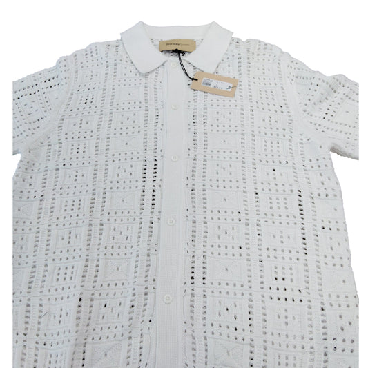 River Island White Polo Shirt UK L Men's Short Sleeve Open Knit