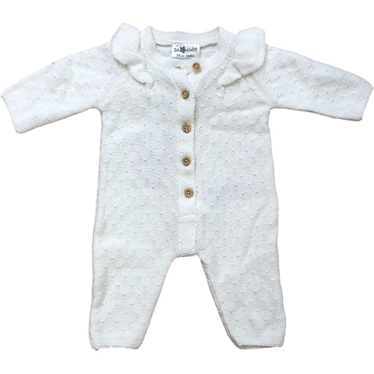 So Cute Knitted Babygrow Size 0M 56cm Infant Cream Long Sleeve With Ruffles