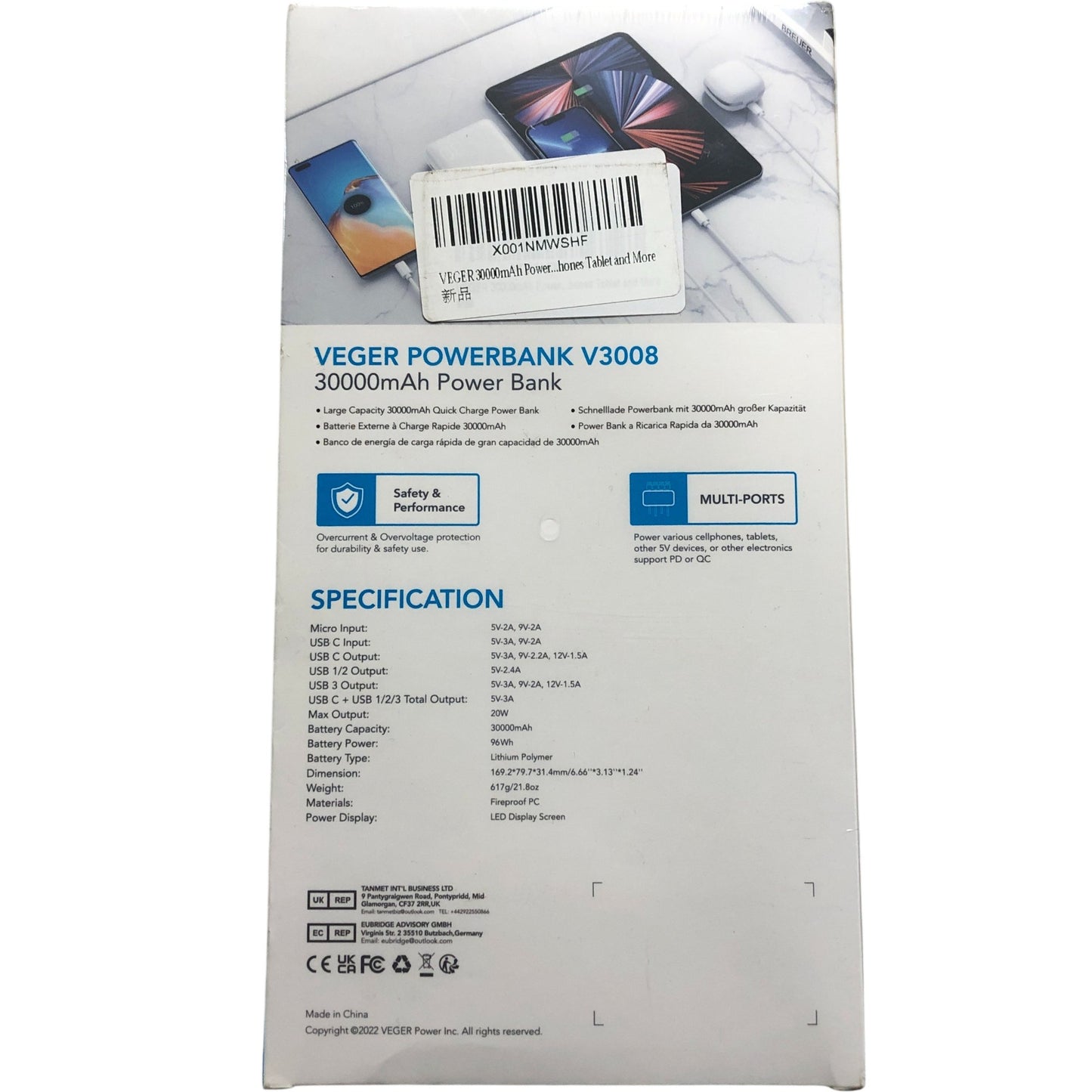 Veger Power Bank V3008 30000mAh Portable Quick Charge USB Type C Multi Ports