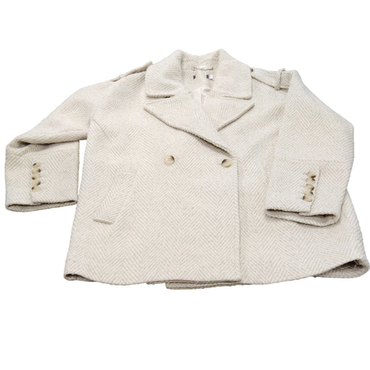 Stylish Women's Herringbone Coat Size L Warm Thick Outerwear Beige Jacket
