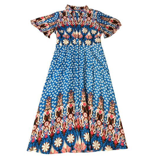 Floral Print Dress UK12 Women's Short Sleeve Blue Patterned Summer Chic