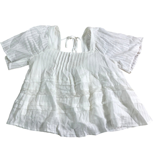 River Island UK8 Women's White Pleated Blouse Cotton Lace Trim Short Sleeve