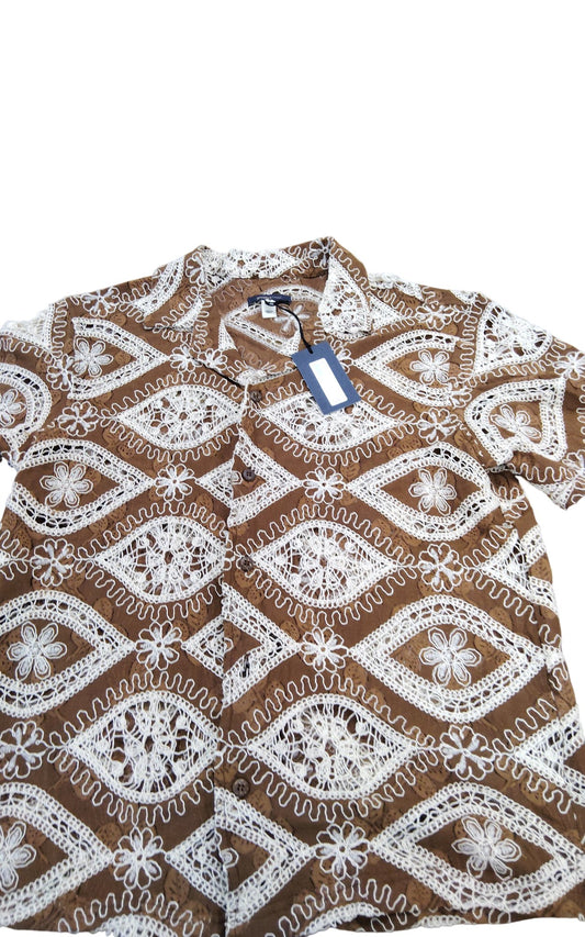 River Island Studios Brown Short Sleeve Shirt S Men's Lace Design Casual Top