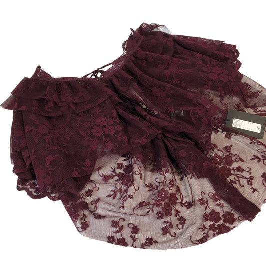 River Island Lace Overlay Top Women Burgundy Floral Design Short Sleeve UK10