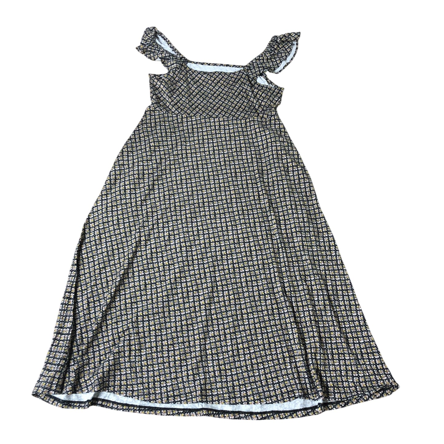 Floral Midi Dress Size 12 Women's Ruffle Strap Black Yellow White Pattern