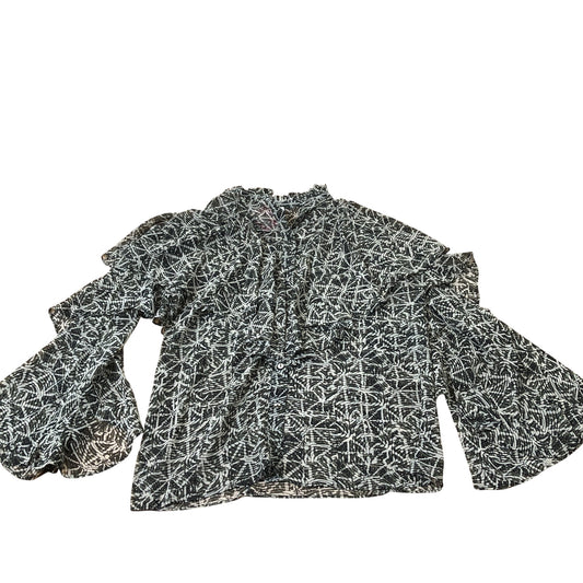 Branded Blouse Women's Flowy Ruffle Patterned Black White Polyester Top UK6