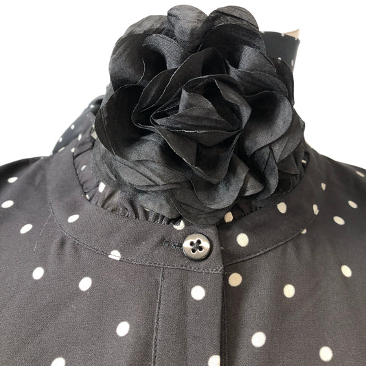 Polka Dot Blouse UK12 Women's Sheer Long Sleeve Black Top with Scarf